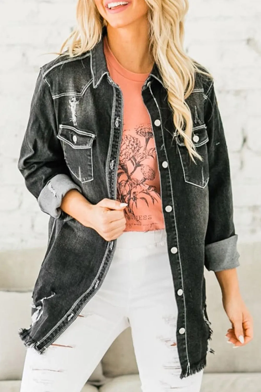 Women's Oversized Denim Jacket Boyfriend Distressed Jean Trucker Jacket