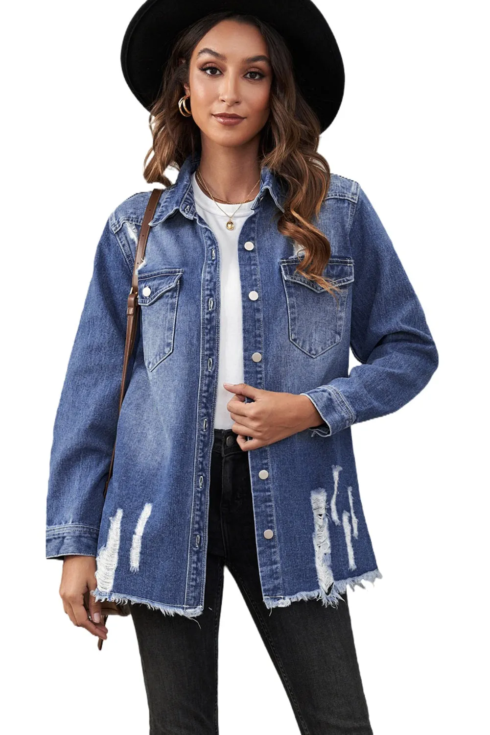 Women's Oversized Denim Jacket Boyfriend Distressed Jean Trucker Jacket