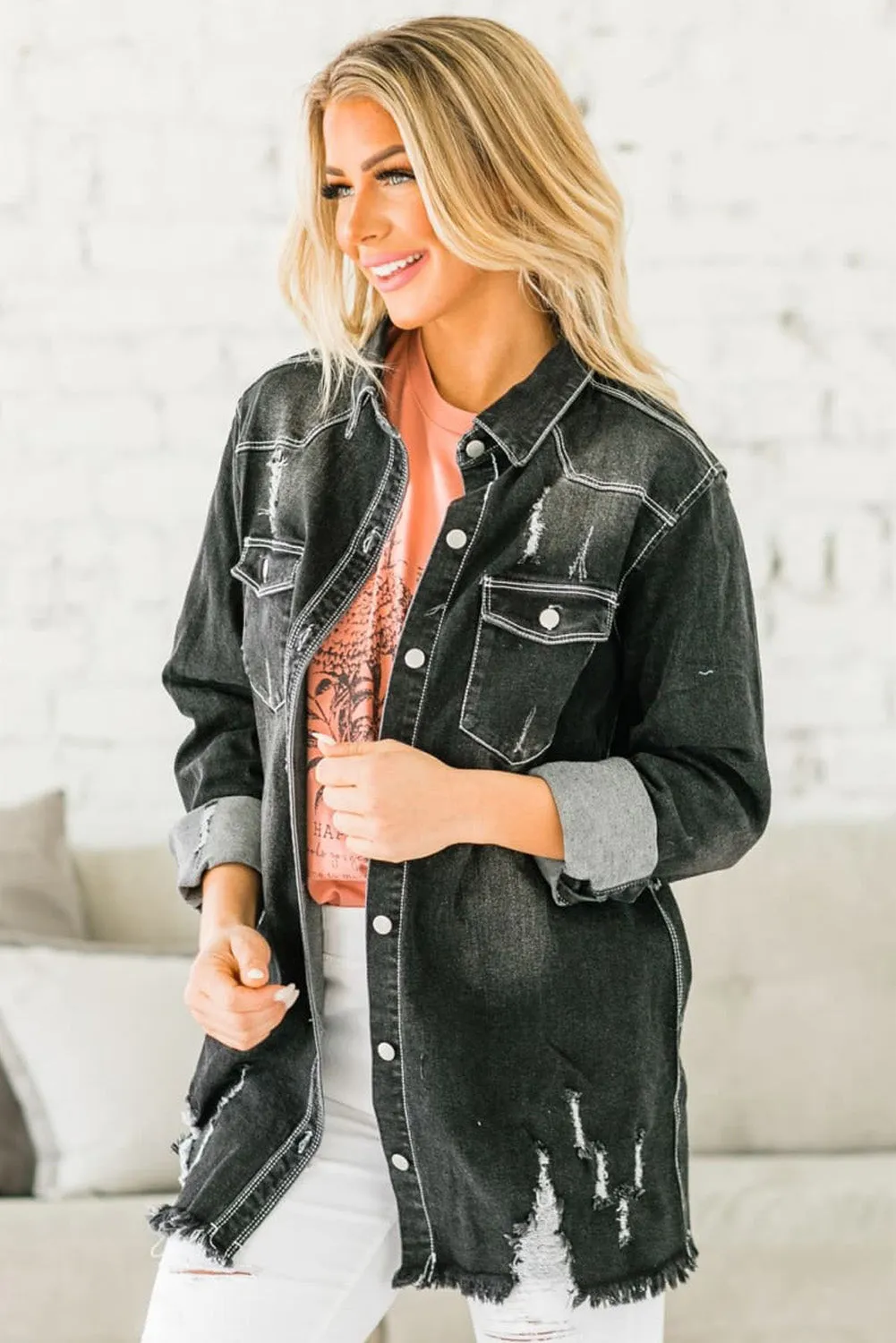 Women's Oversized Denim Jacket Boyfriend Distressed Jean Trucker Jacket