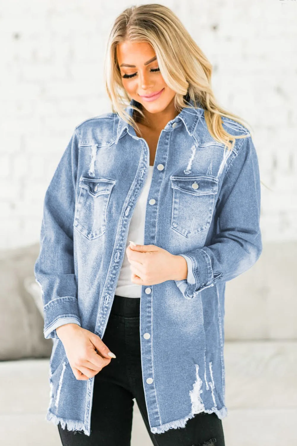 Women's Oversized Denim Jacket Boyfriend Distressed Jean Trucker Jacket