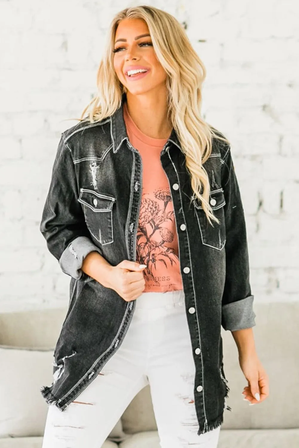 Women's Oversized Denim Jacket Boyfriend Distressed Jean Trucker Jacket