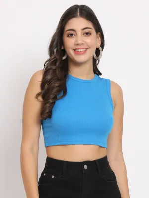 Women's Sleeveless Fitted Blue Crop Top