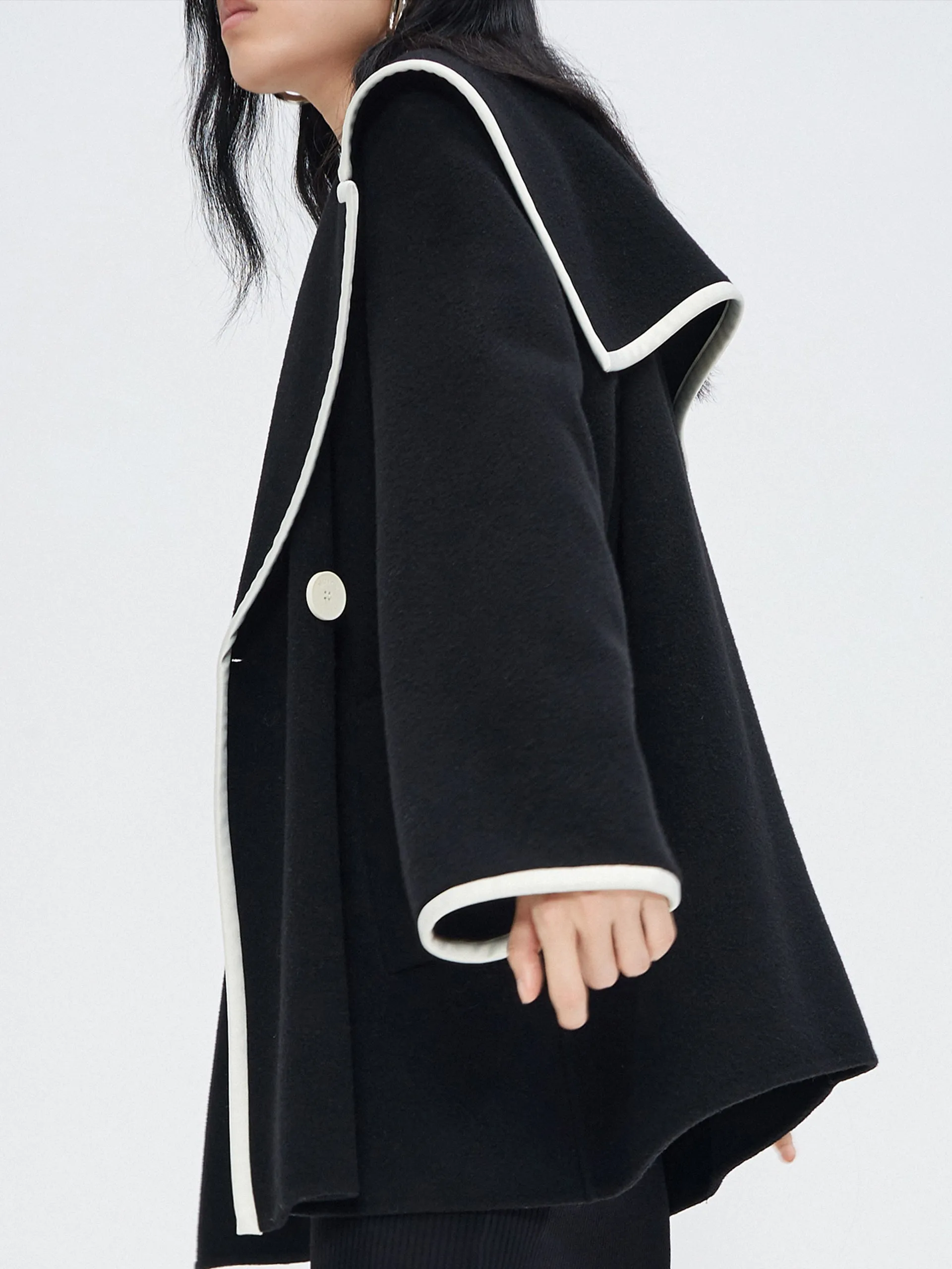 Wool Blend Contrast Pocketed Coat