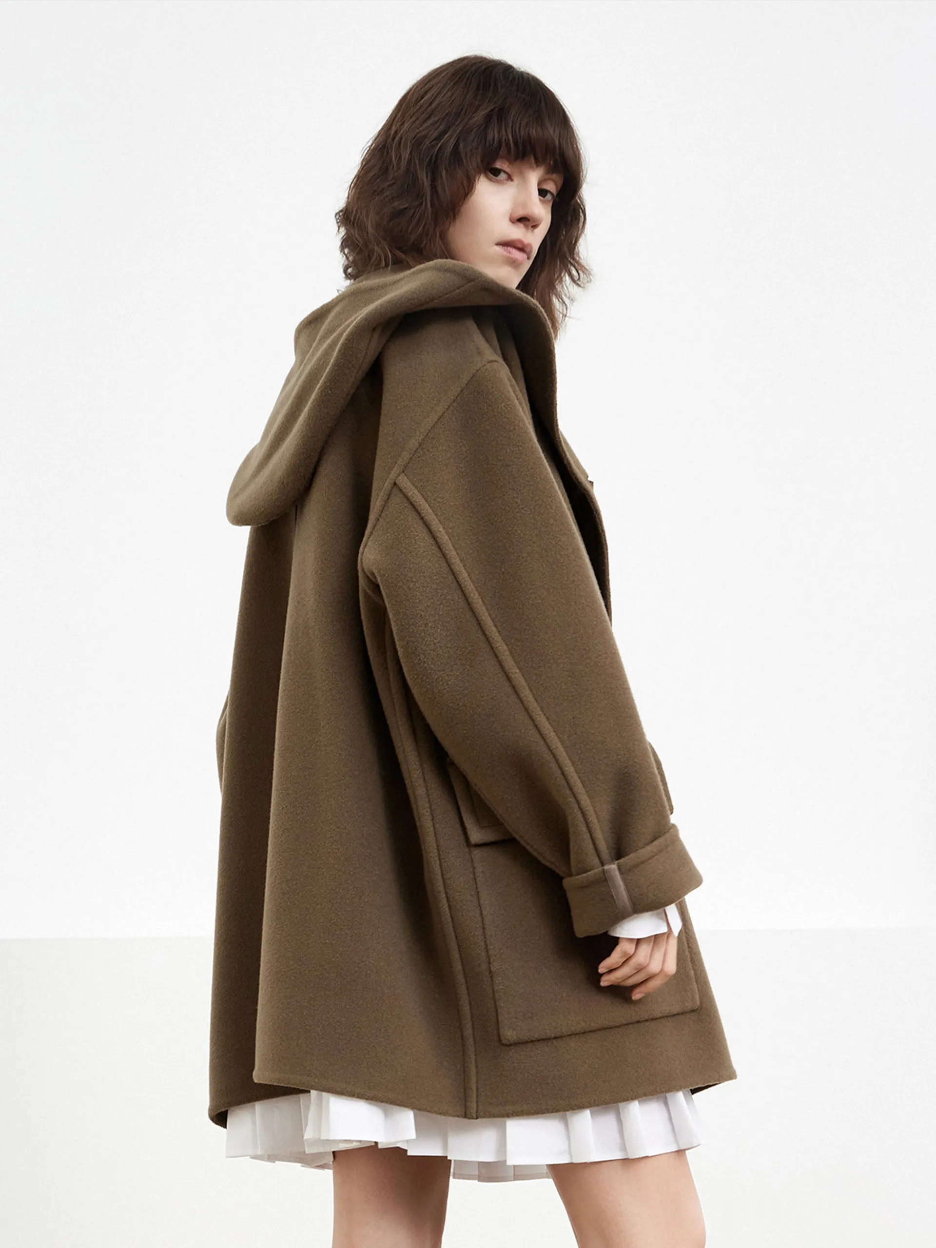 Wool Blend Hooded Midi Coat