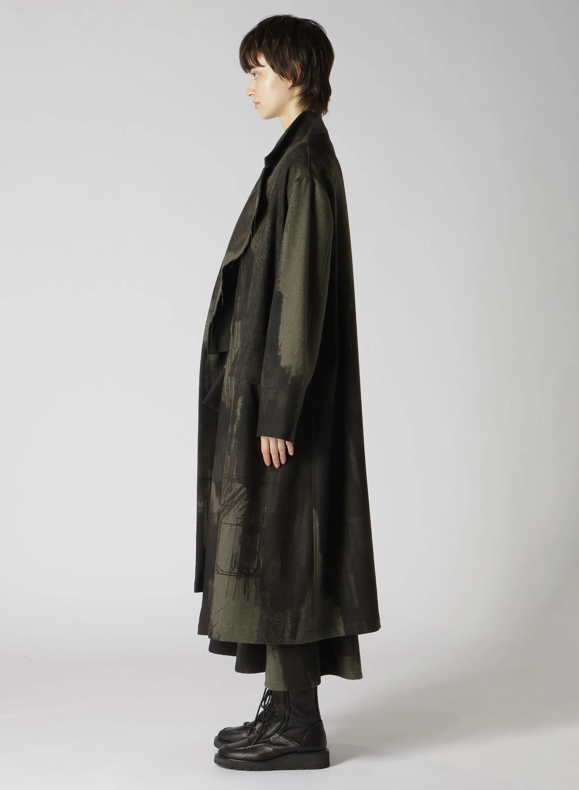 WOOL FLANNEL LOGO SCRIBBLE LEFT FRONT CUT COAT