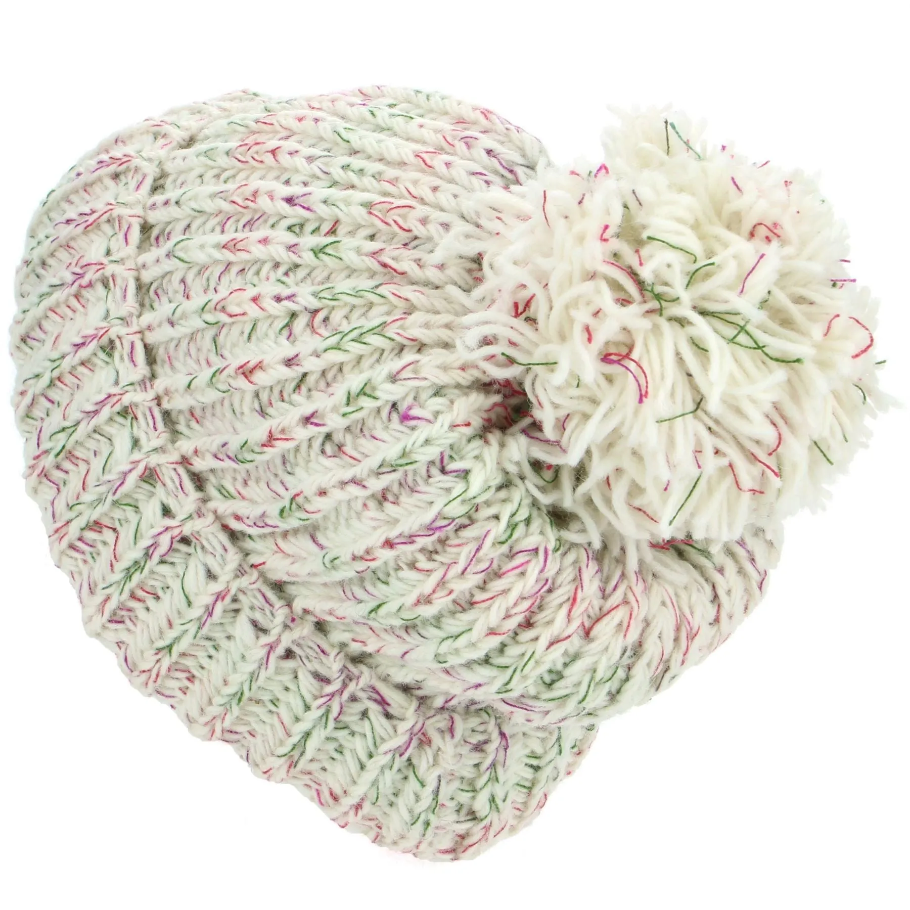 Wool Knit Beanie Bobble Hat - Cream