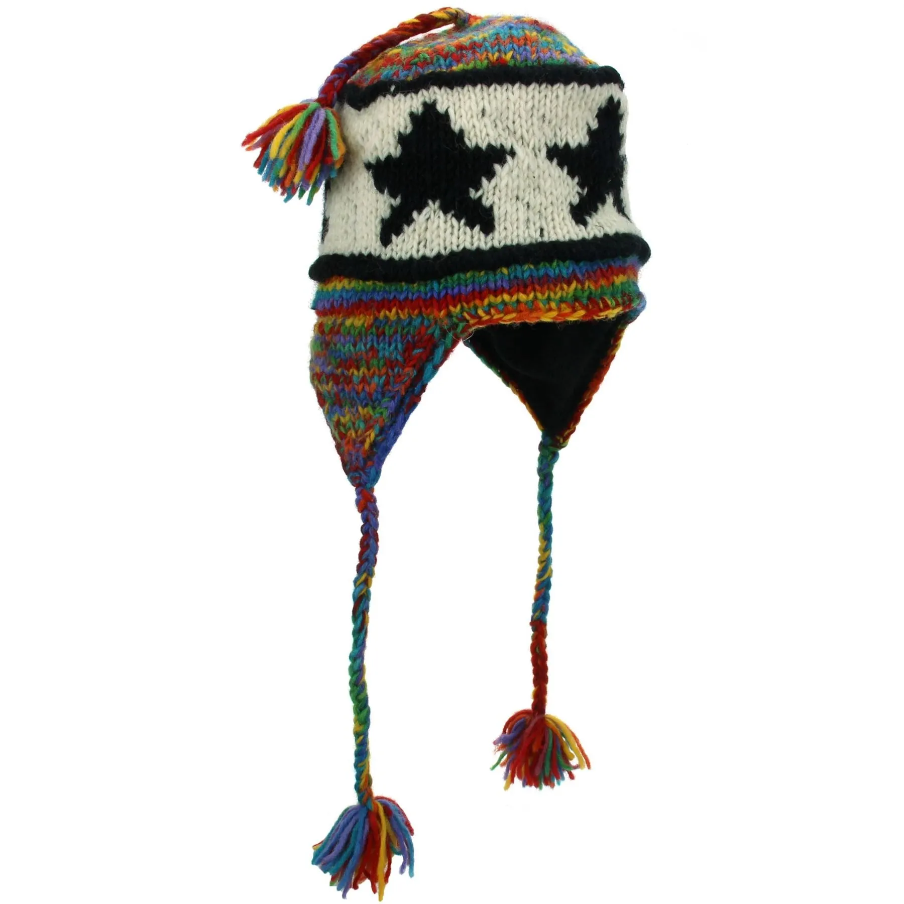 Wool Knit Earflap Tassel Hat - Star Rainbow SD Black