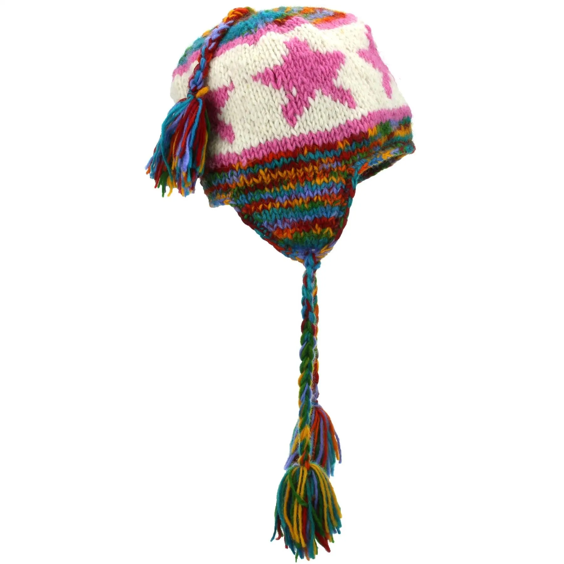 Wool Knit Earflap Tassel Hat - Star Rainbow SD Pink