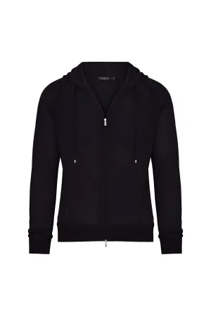 Wool Traveler Knit Zip-Front Hooded Sweater in Midnight