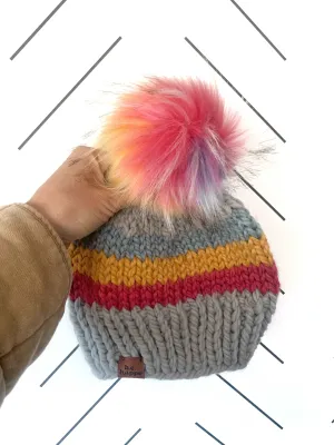 Youth Striped Knit Pom Pom Hat | Gray Rainbow